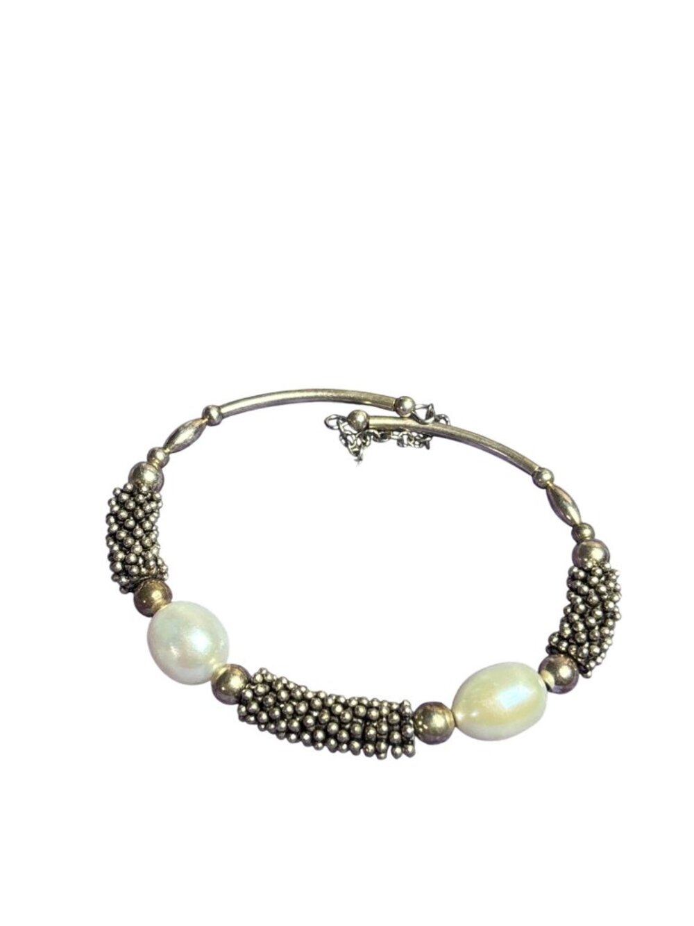 Vintage Silvertone Stretchy Bracelet Chain Faux Pearls 6.5 - 8 inches